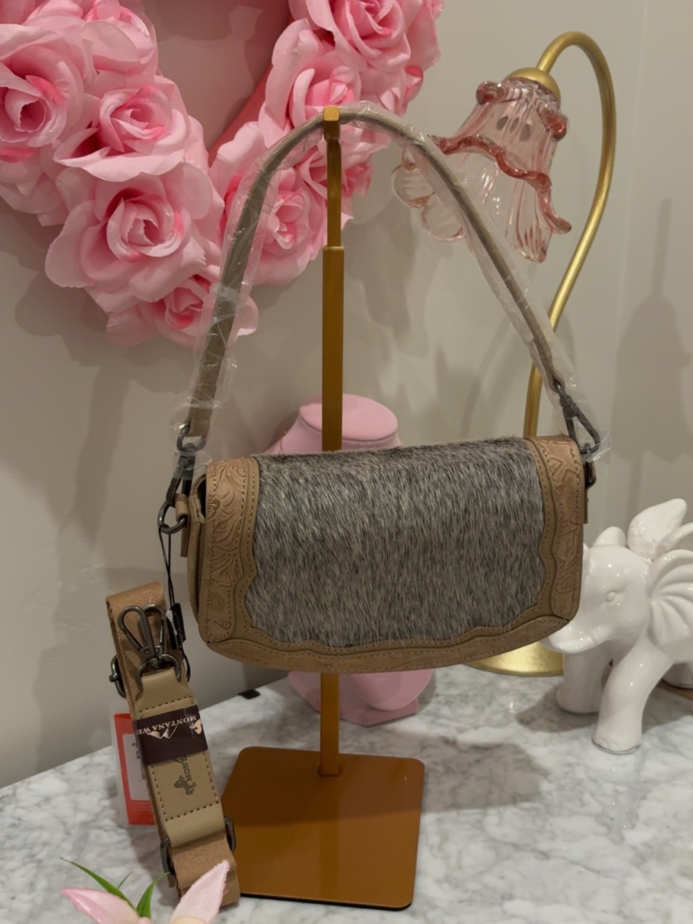 Leather and Haircalf Shoulder Bag in Gray and Tan